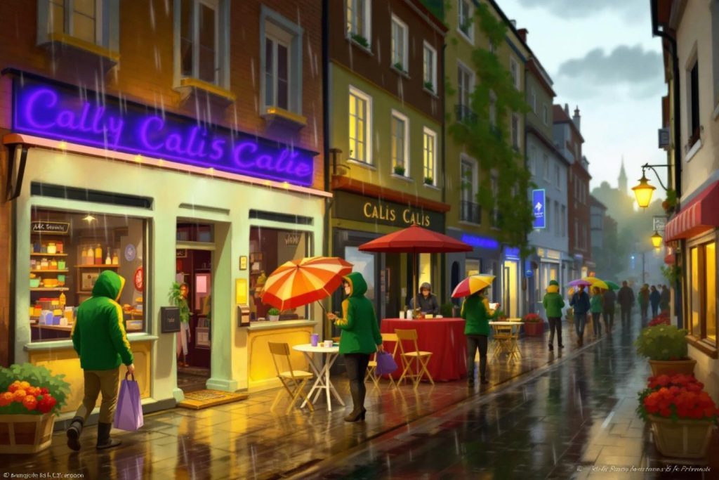 Scène de rue animée avec boutiques et parapluies colorés