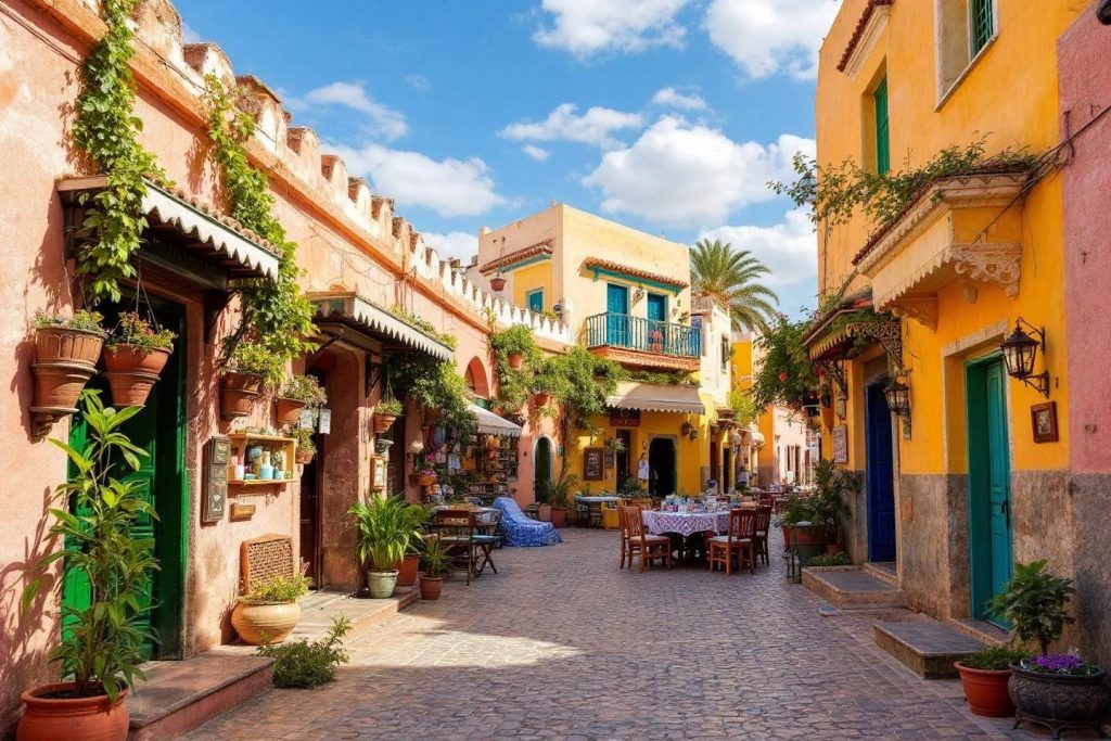Ruelle colorée avec terrasse et plantes en pot