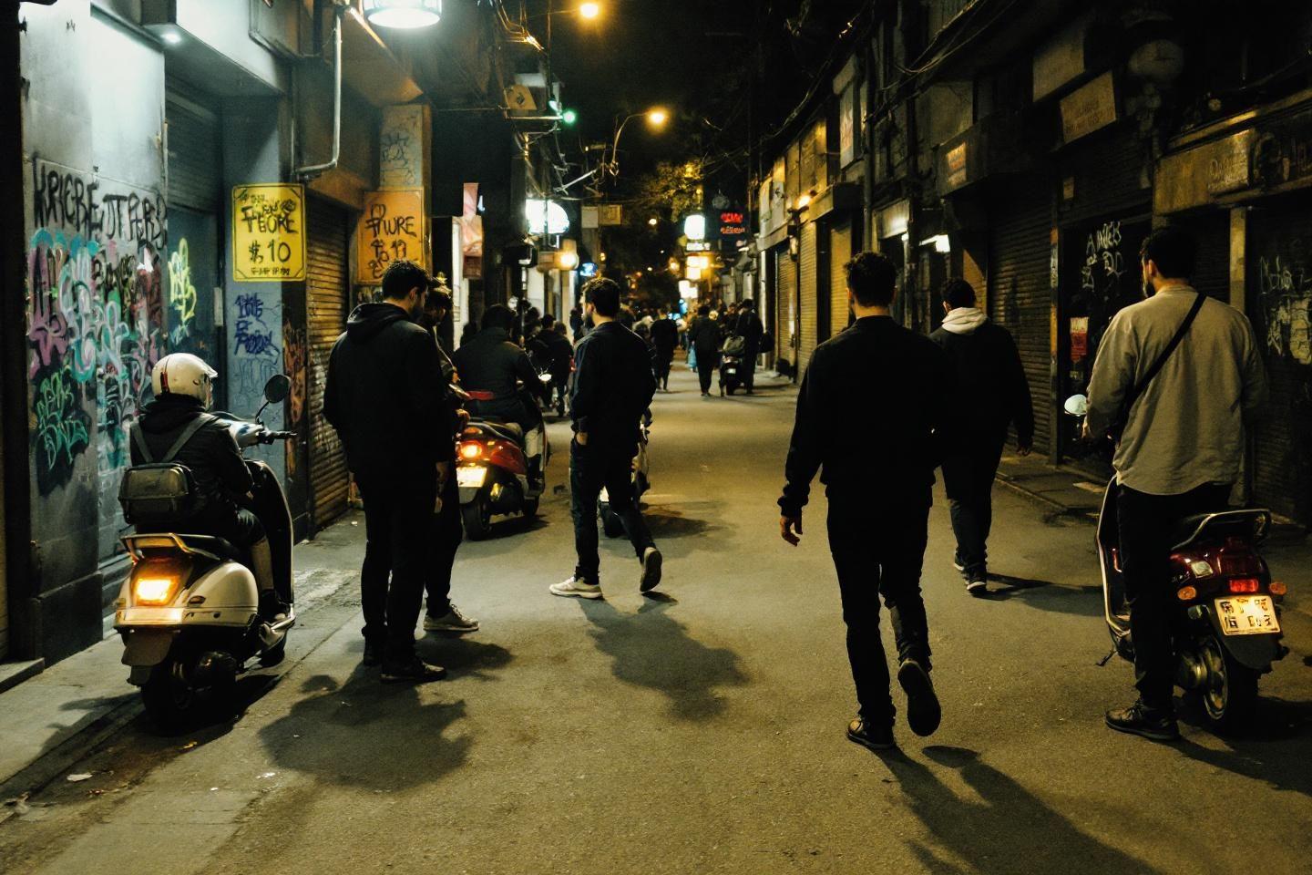 Scène de rue la nuit avec des piétons et scooters