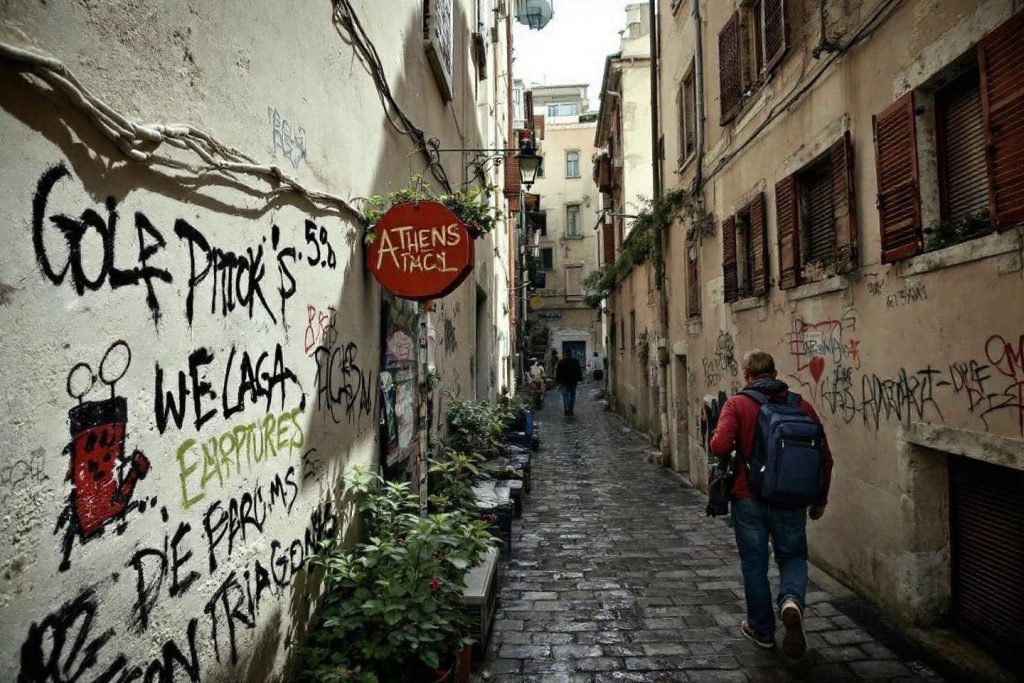 Passage étroit avec murs couverts de graffitis et piéton au loin