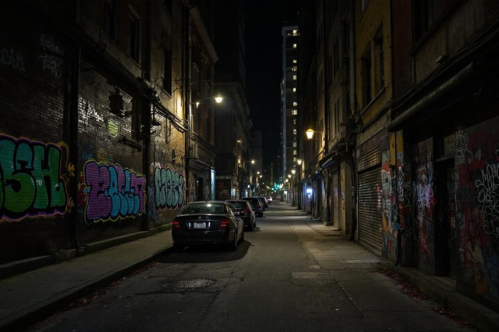 Rue sombre avec voitures, lampadaires et murs couverts de tags