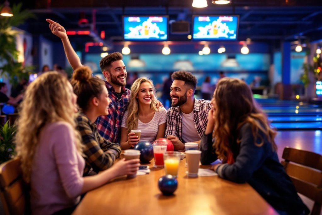 Groupe d'amis souriants attablés dans un bowling coloré