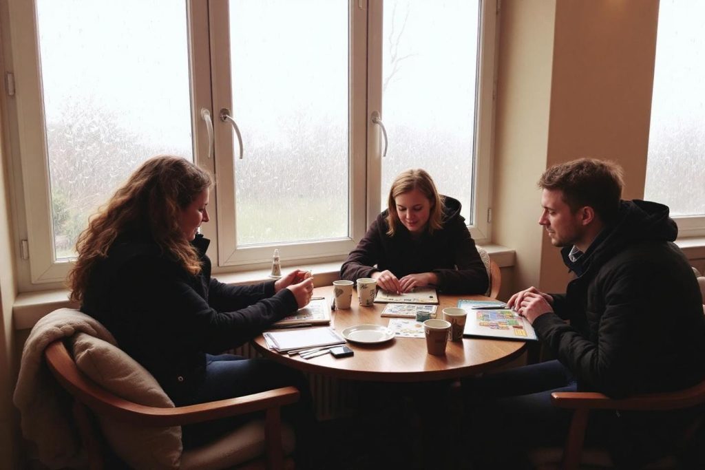 Groupe autour d'une table, jeu de société, fenêtre lumineuse