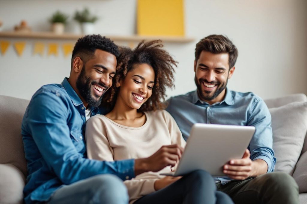 Groupe souriant ensemble sur un canapé avec une tablette