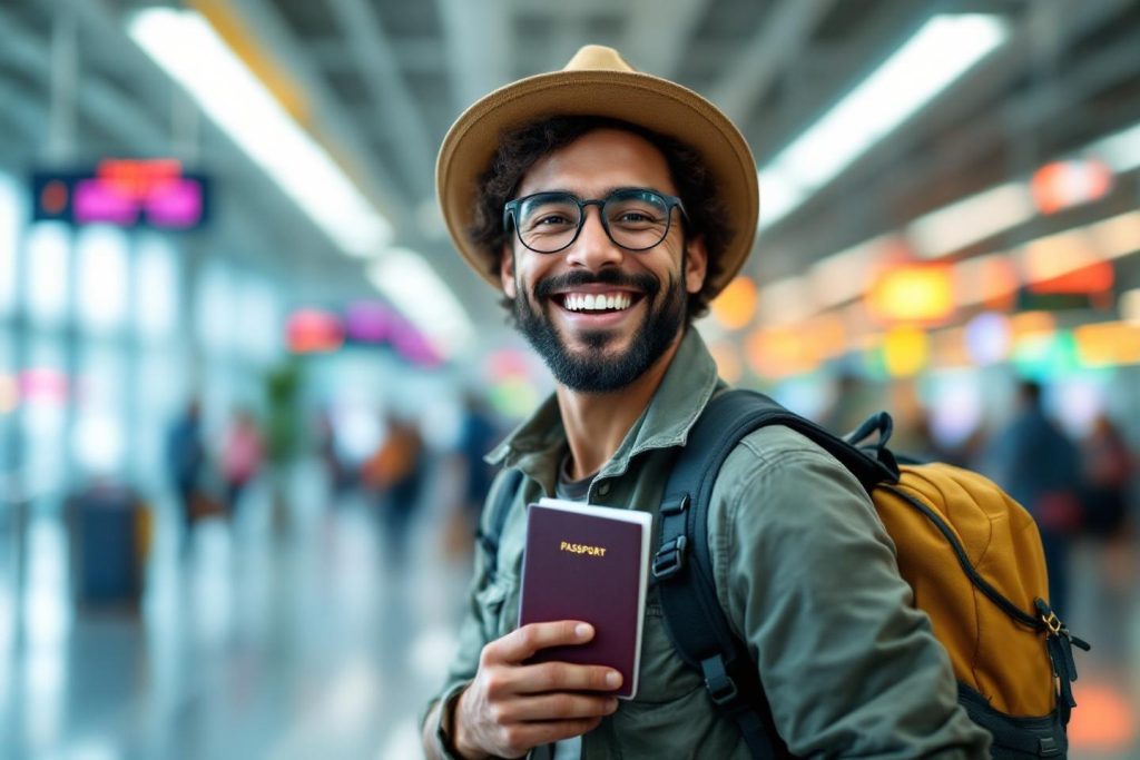 Homme avec passeport et sac à dos, souriant dans un terminal