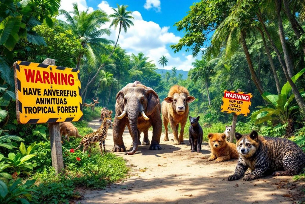 Groupe d'animaux sauvages devant des panneaux avertissement