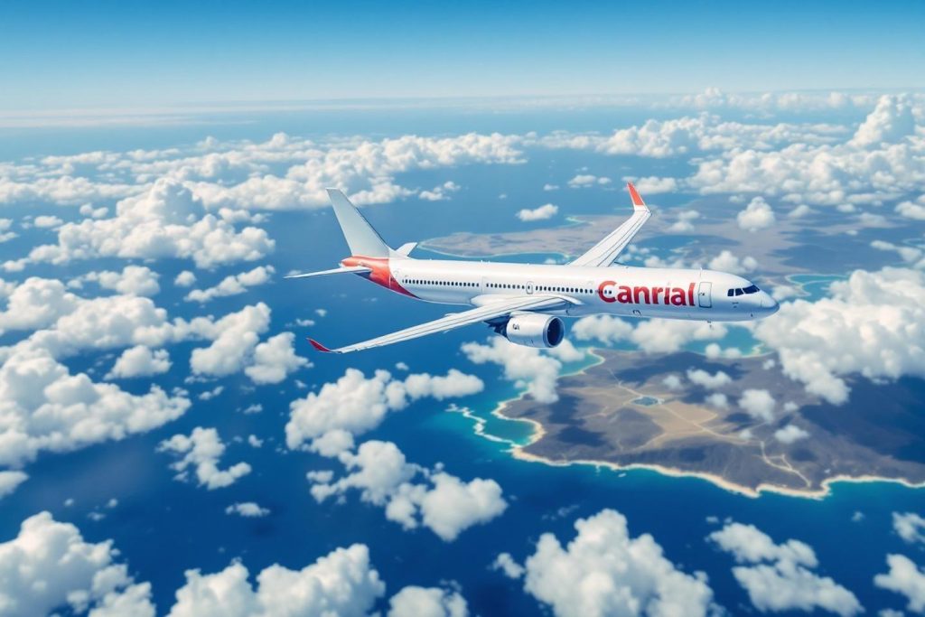 Avion blanc et rouge volant au-dessus de paysages maritimes nuageux