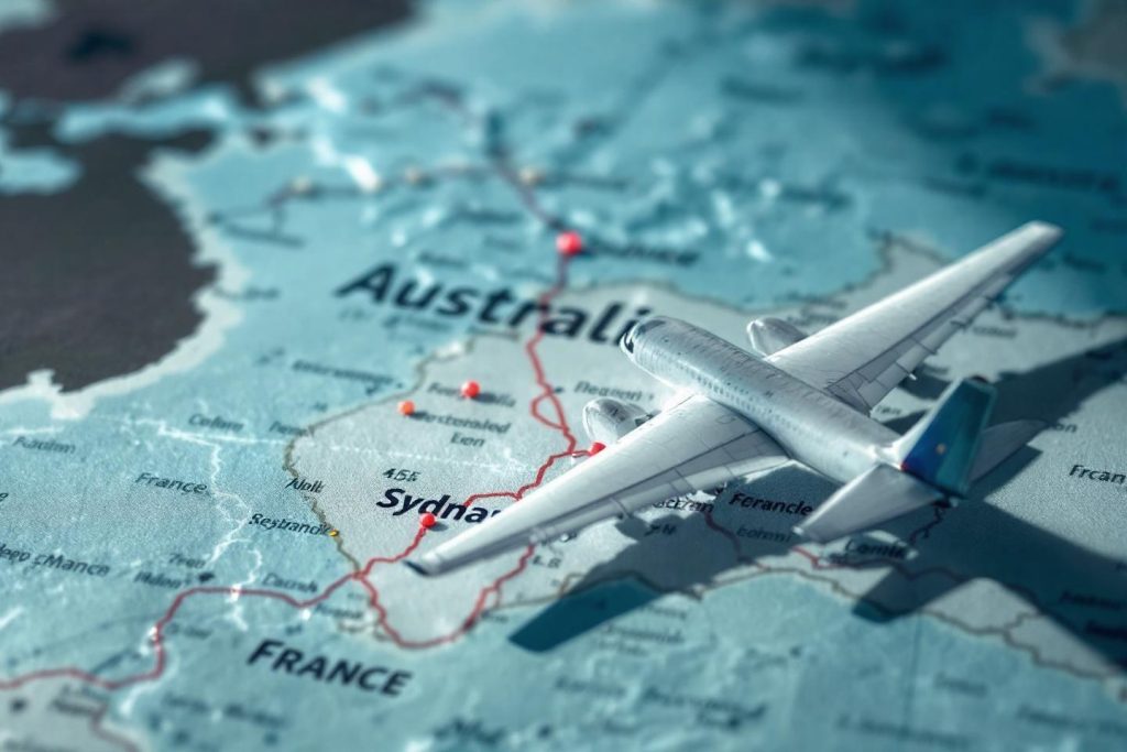Modèle d'avion blanc posé sur une carte géographique de l'Australie