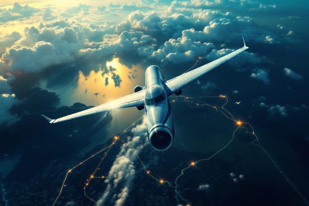 Avion de ligne volant au-dessus des nuages avec lumière dorée