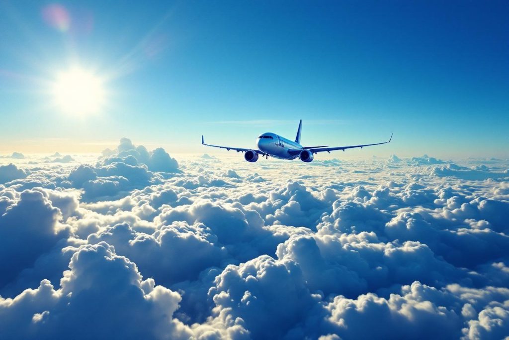 Avion bleu volant au-dessus de nuages blancs sous un ciel lumineux