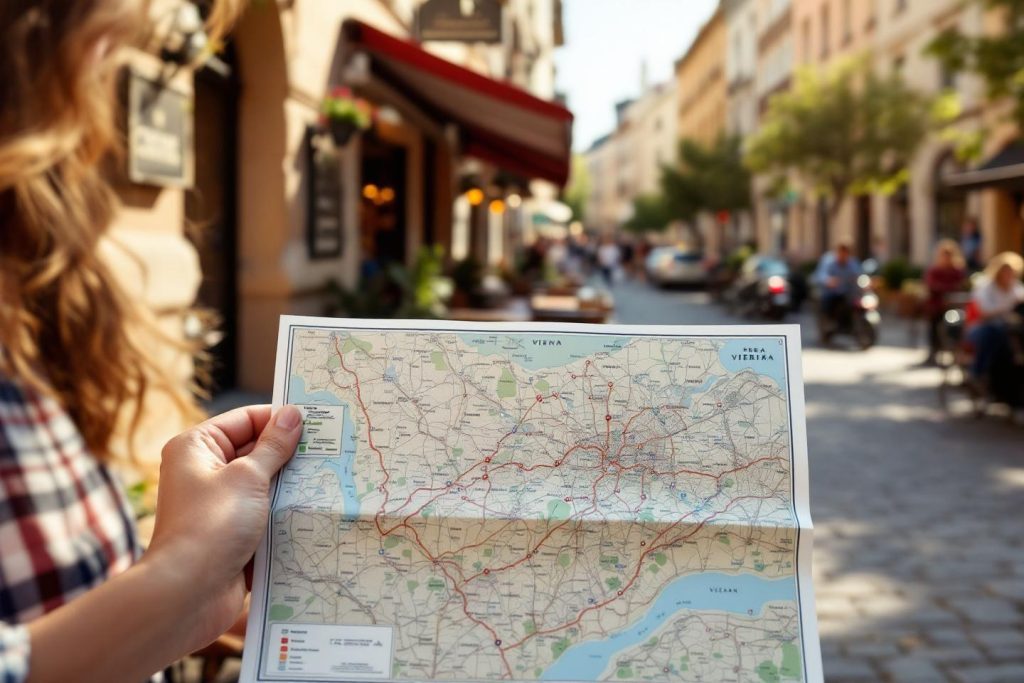 Main tenant une carte touristique dans une rue animée