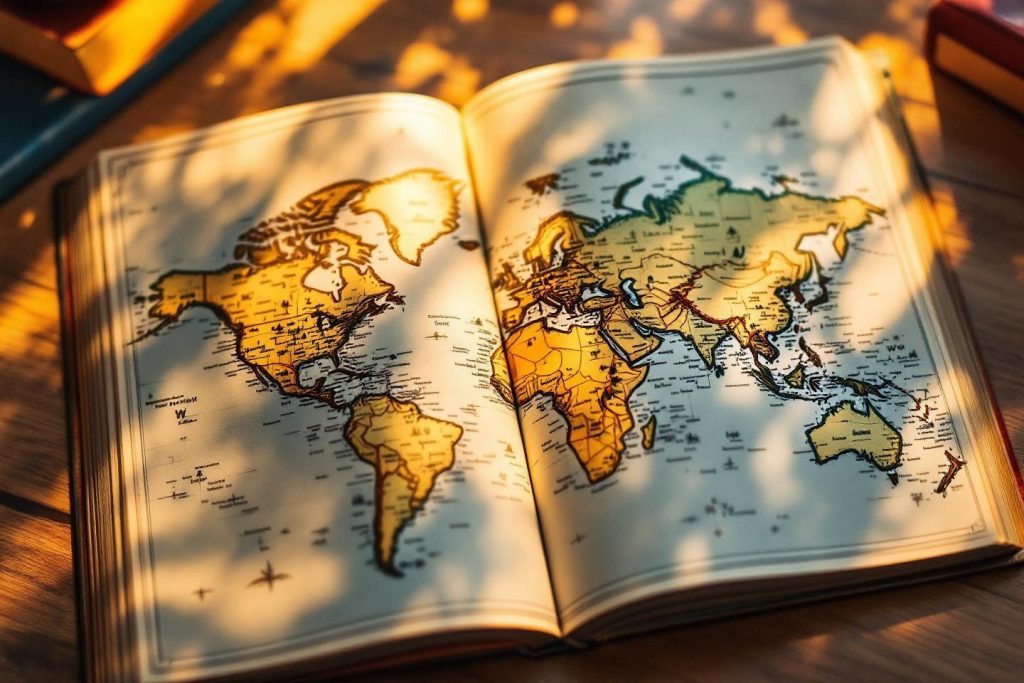 Carte mondiale ouverte, éclairée par une lumière chaude