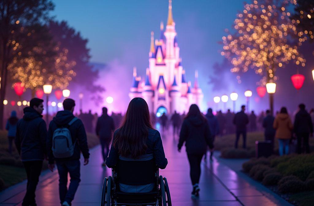 Personne en fauteuil roulant regardant le château illuminé