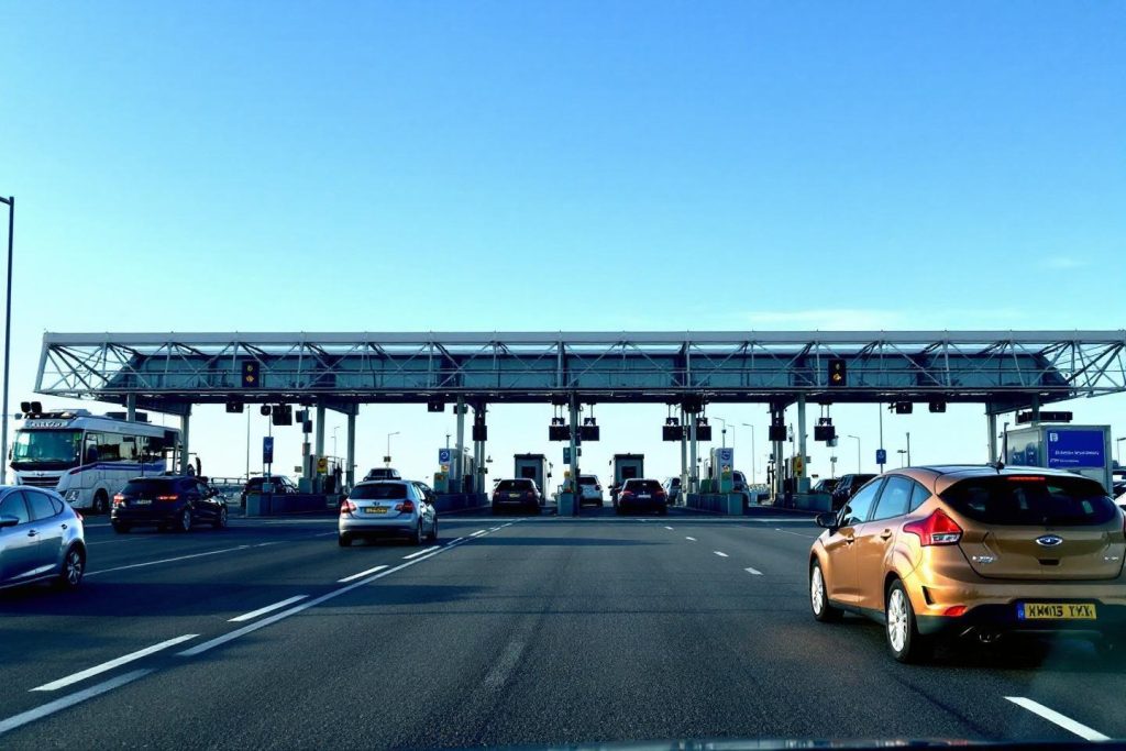 Plusieurs voitures passant aux guichets de péage sous une structure métallique