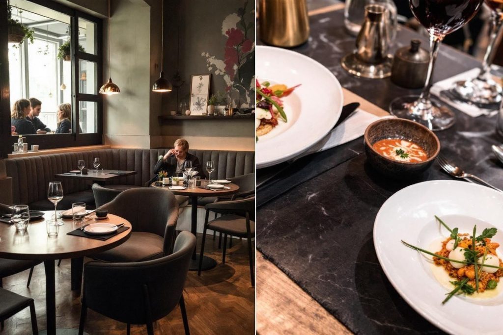 Tables dressées dans un restaurant chic avec plats soignés