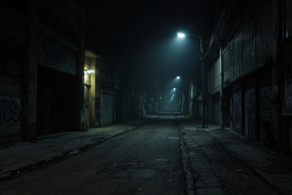 Ruelle déserte éclairée par des lampadaires dans la nuit