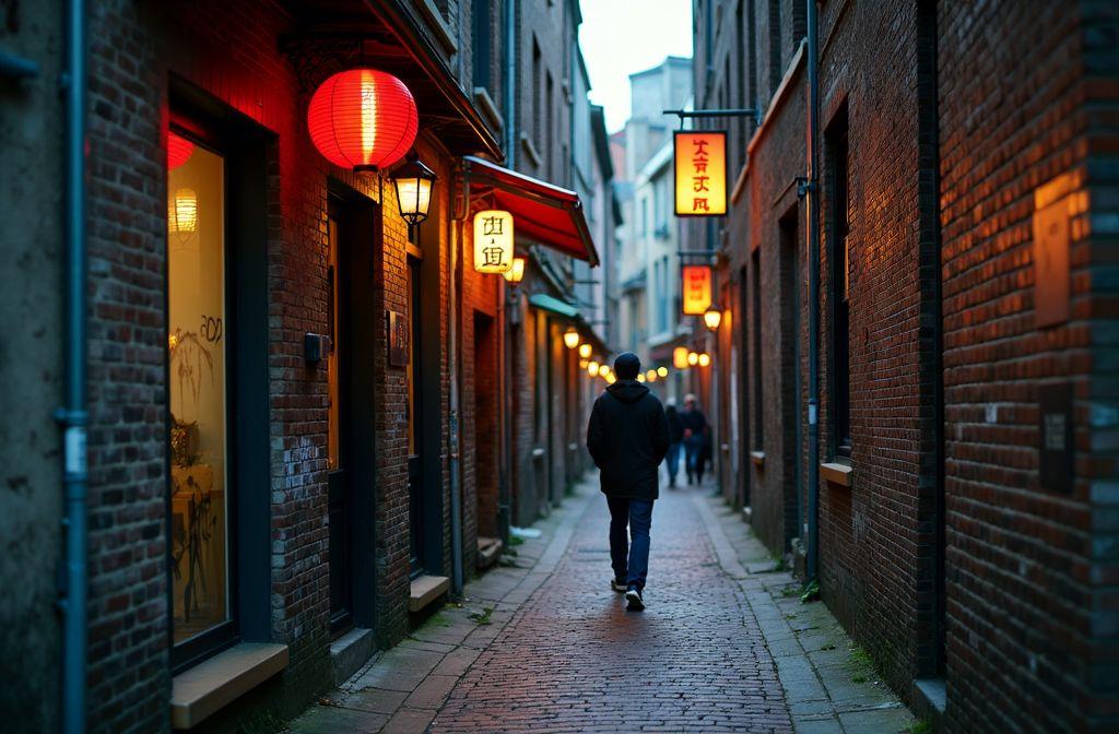 Silhouette solitaire dans une ruelle étroite aux lanternes rouges