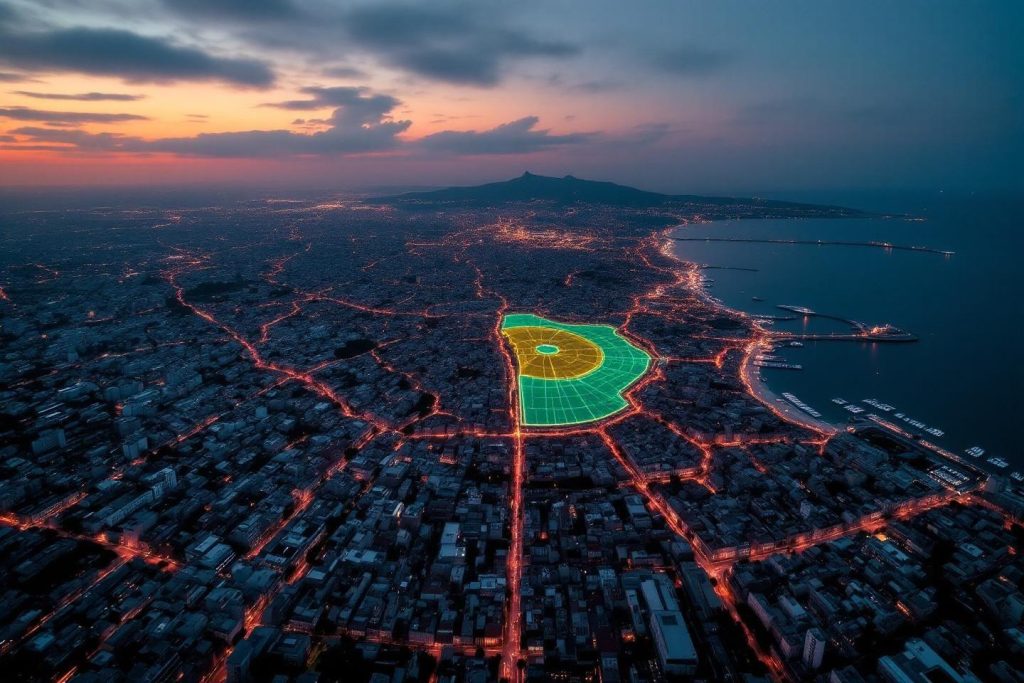 Panorama aérien d'une ville illuminée au crépuscule