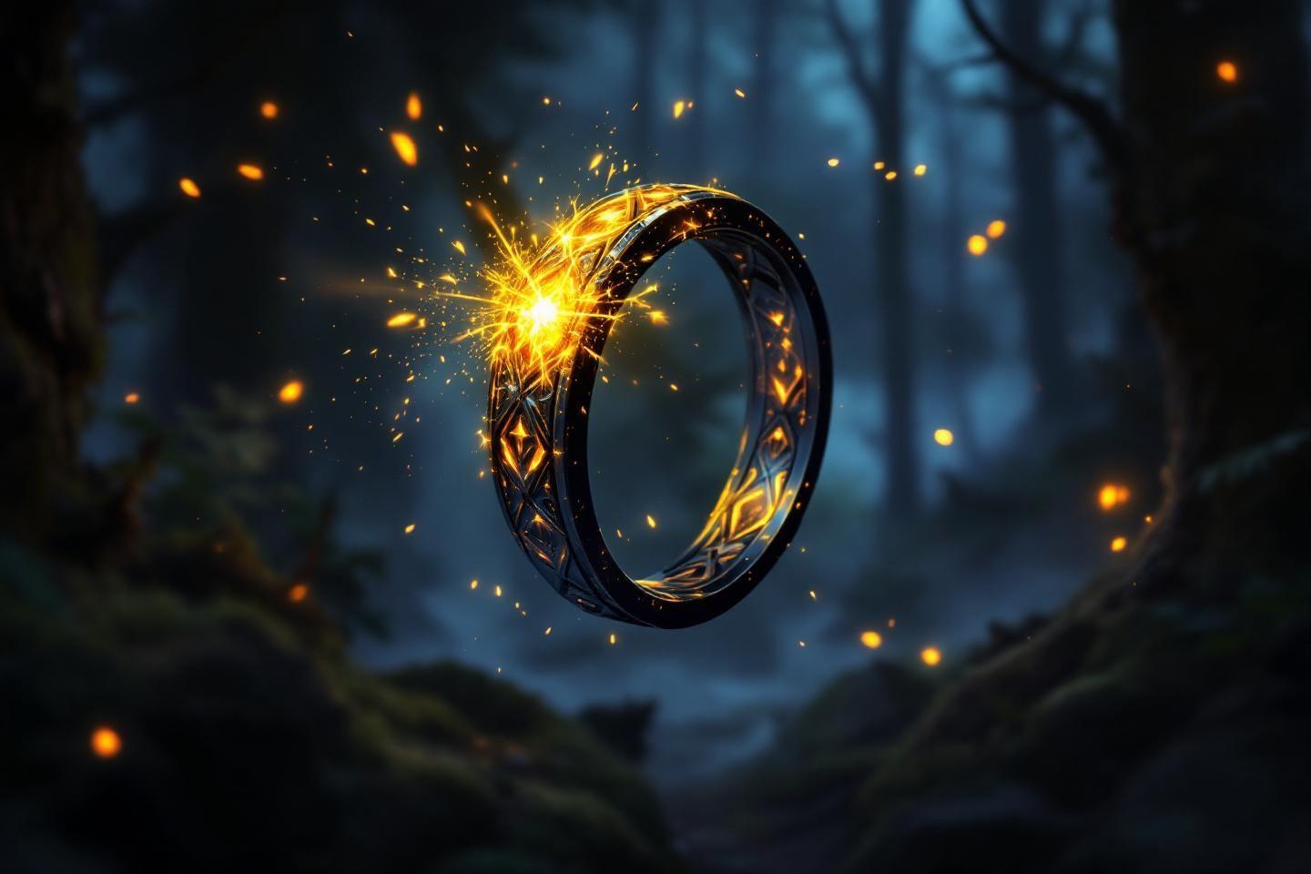 Anneau sombre avec étincelles dorées dans un bois mystérieux