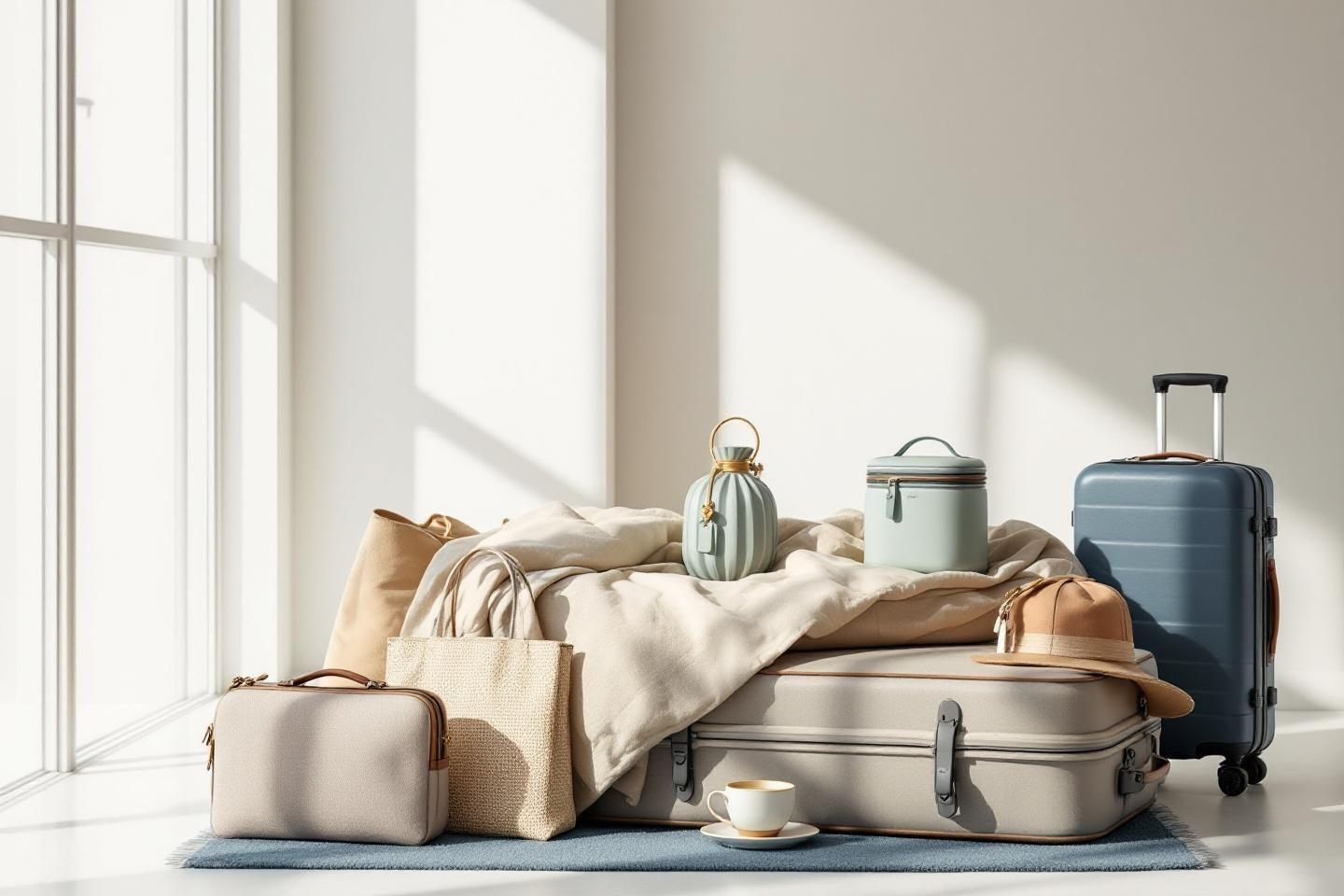 Ensemble de valises et sacs dans des tons neutres et bleus