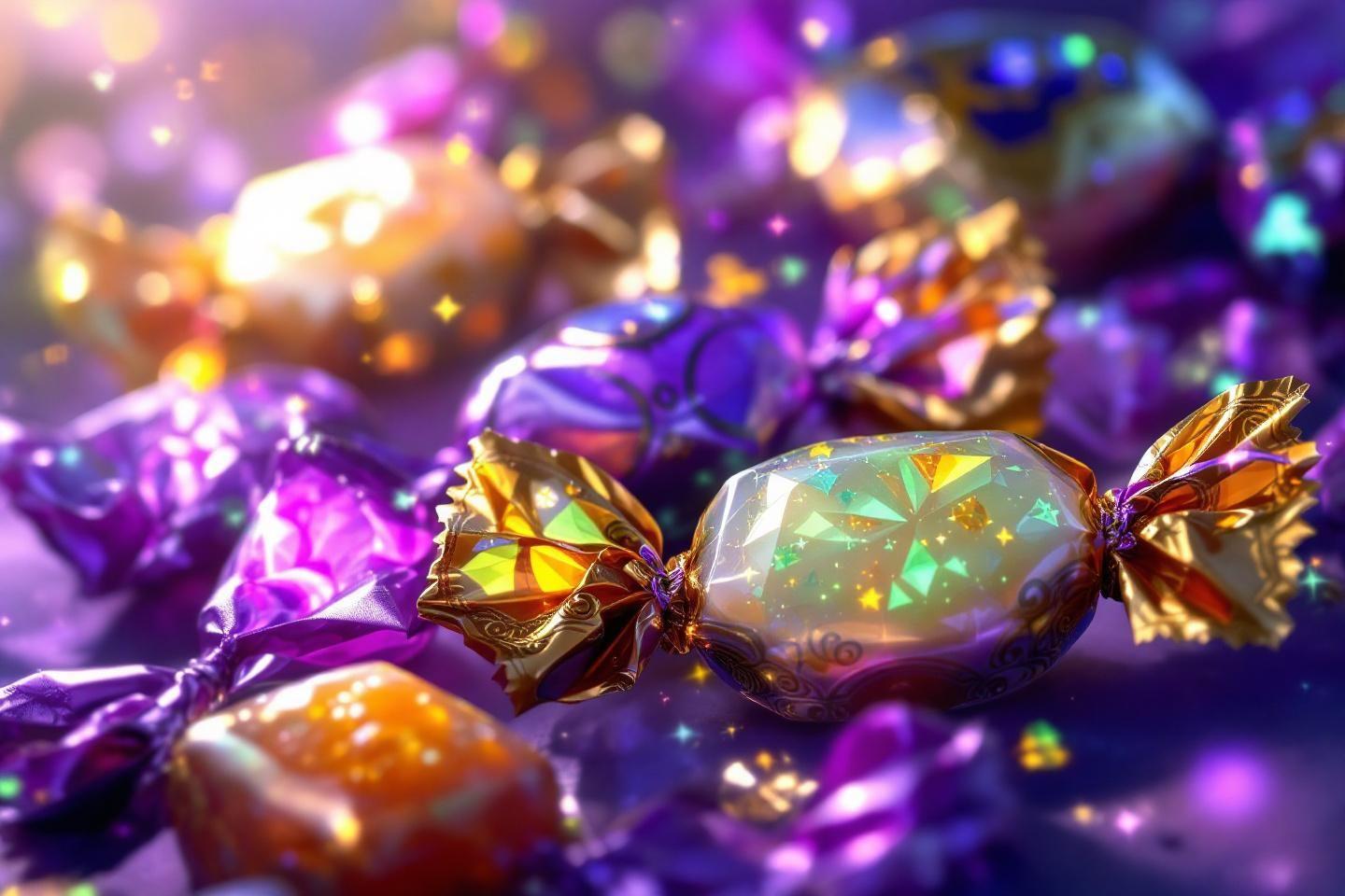 Gros plan de bonbons brillants aux couleurs violettes et dorées