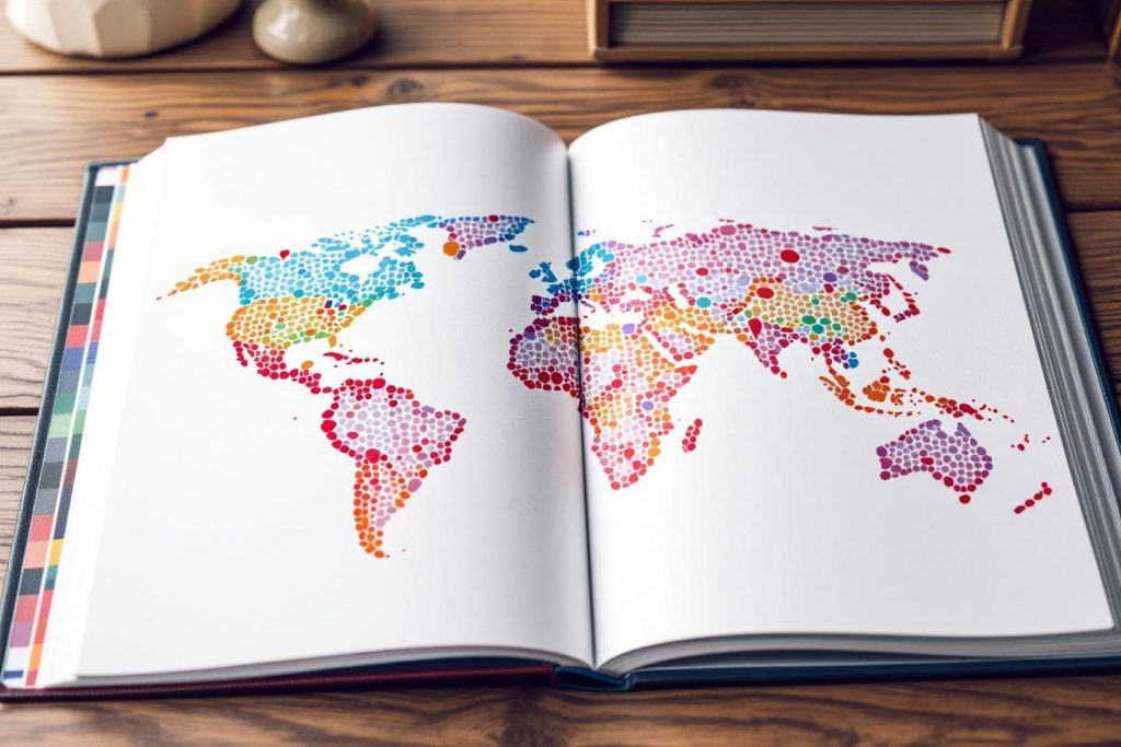 Livre ouvert montrant une carte mondiale composée de points multicolores
