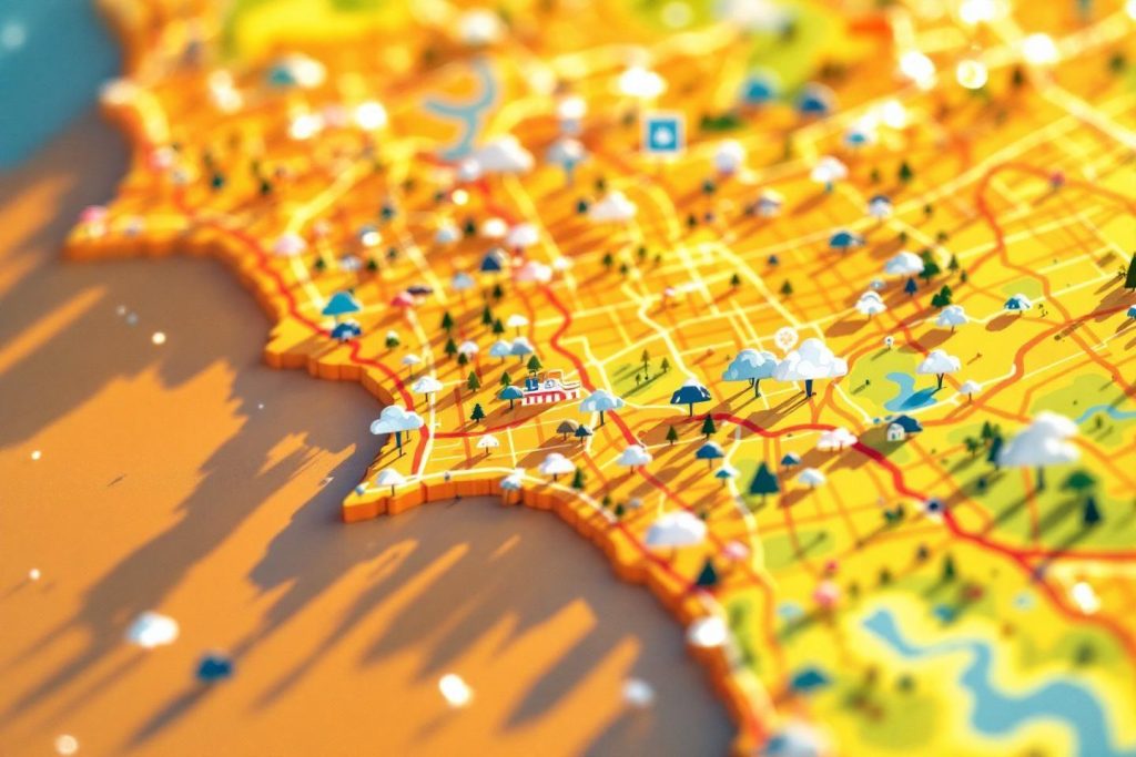 Carte stylisée avec nuages, routes et reliefs en jaune et orange