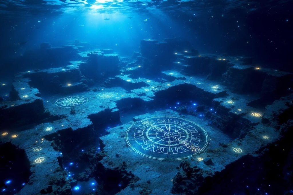 Fond marin bleu profond avec des cercles lumineux mystérieux