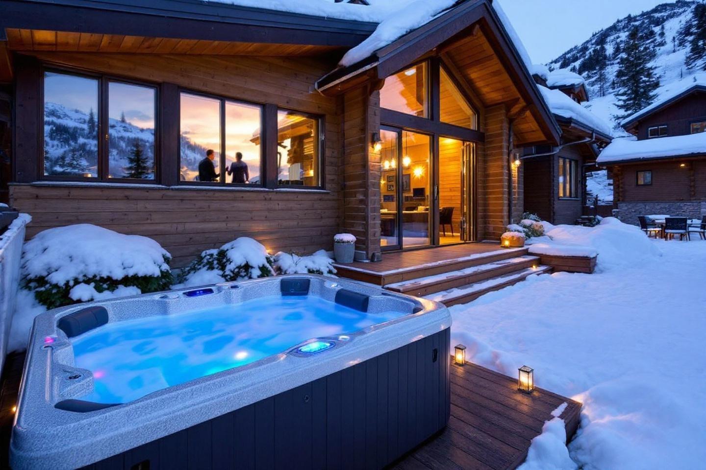 Bain à remous bleu illuminé devant un chalet enneigé au crépuscule