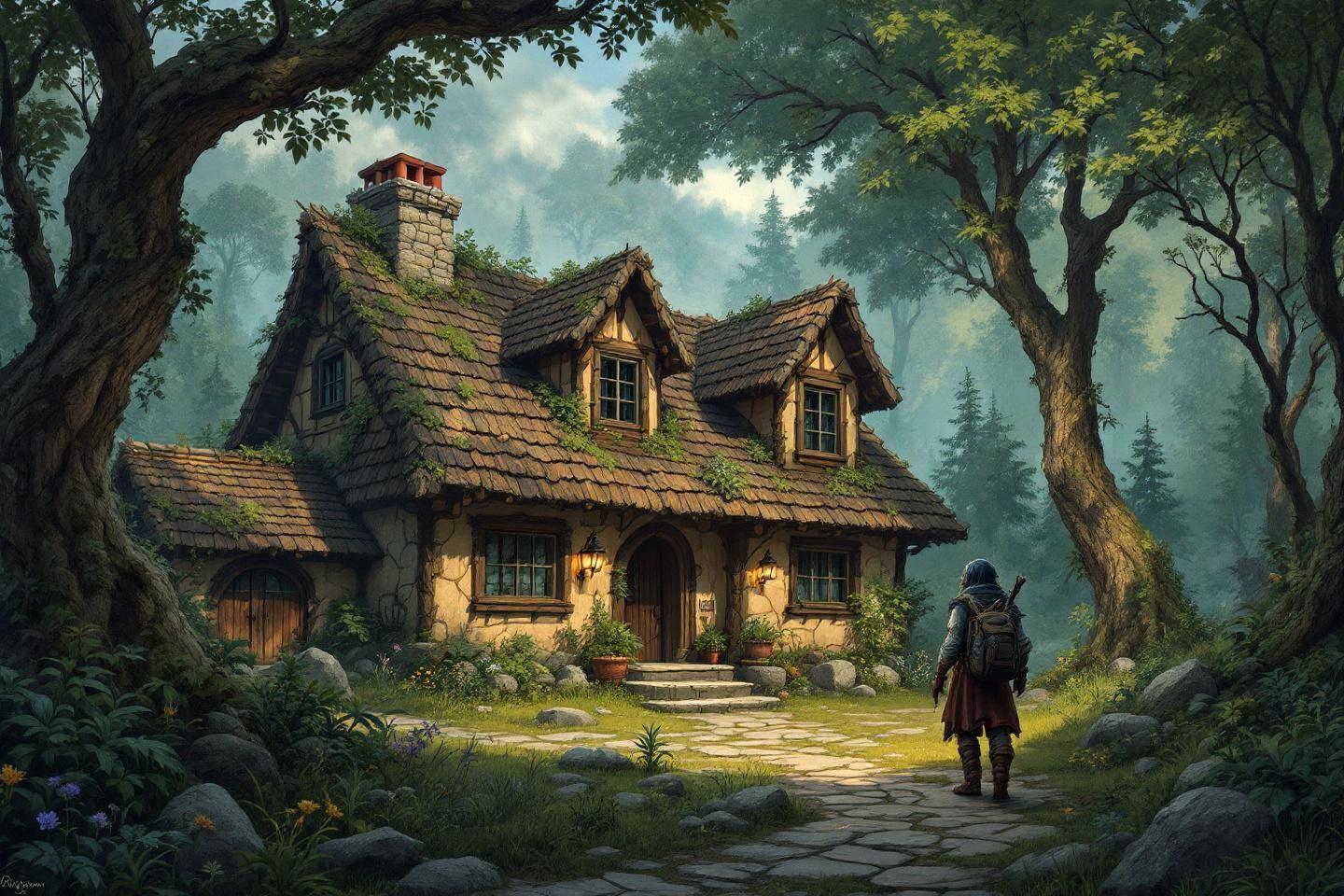 Maison rustique en pierre dans une forêt brumeuse avec voyageur