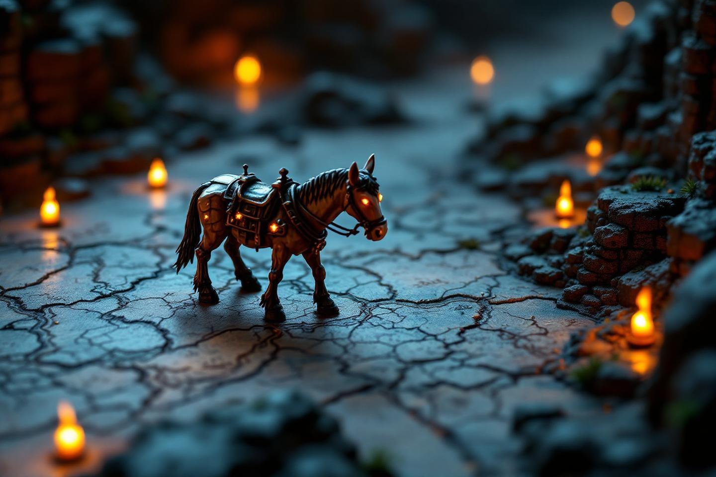 Figurine de cheval sur sol craquelé avec bougies scintillantes