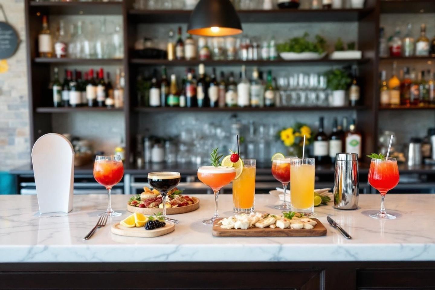 Verres de cocktails colorés sur comptoir de bar en marbre