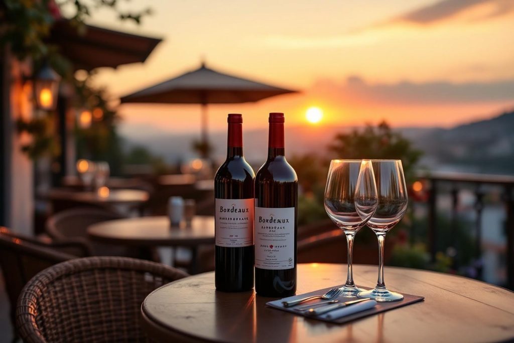 Deux bouteilles de vin et verres sur table avec vue panoramique