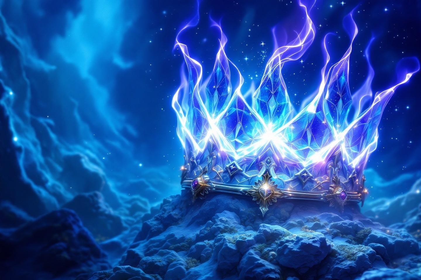 Couronne lumineuse bleue flottant sur des rochers cosmiques