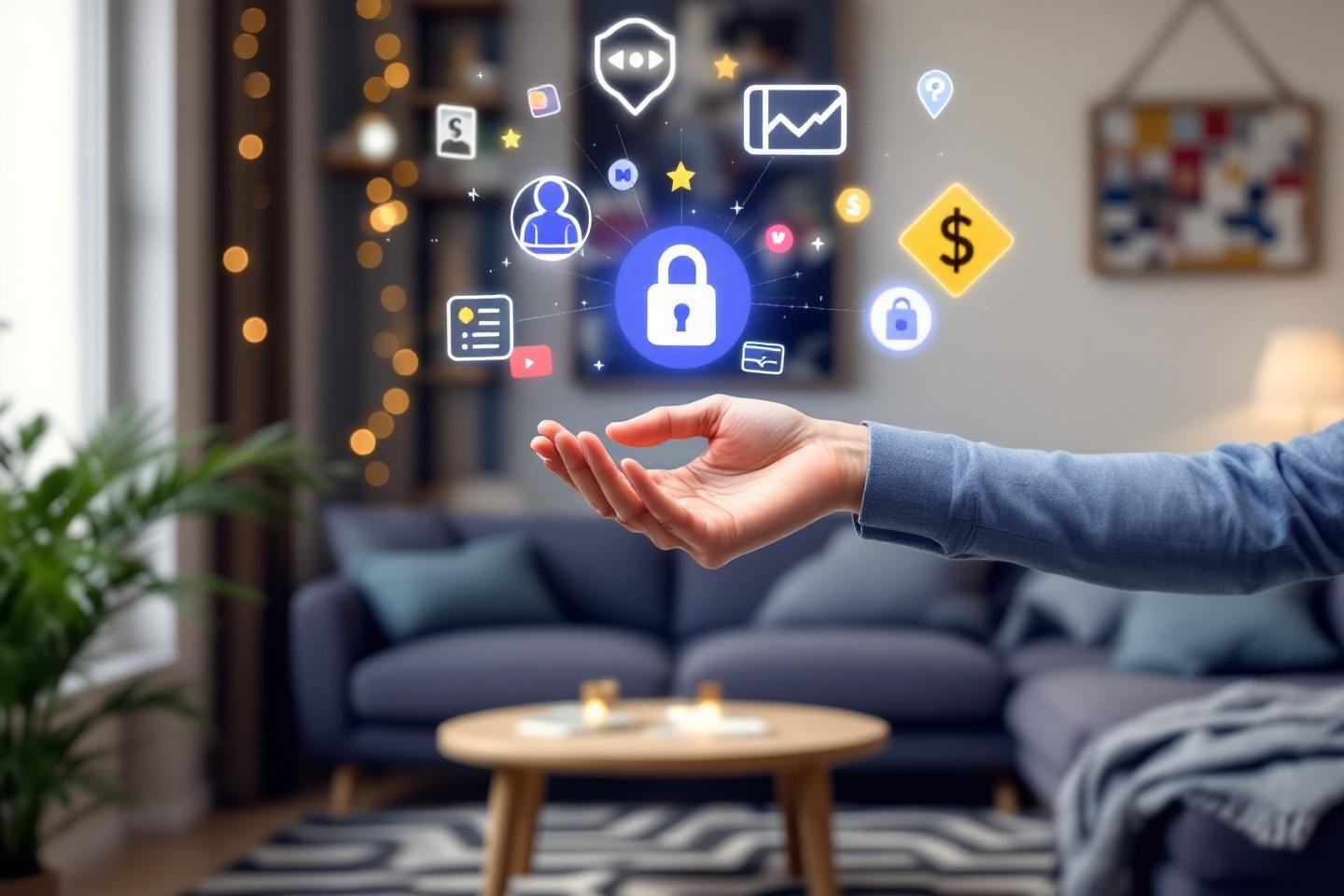 Main tenant des icônes de sécurité numérique flottant au-dessus