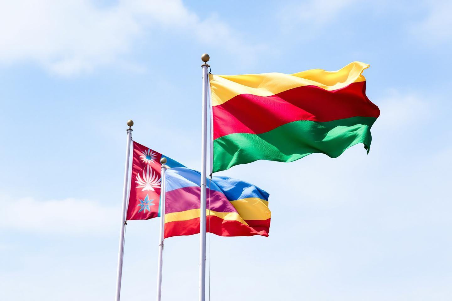 Trois drapeaux colorés flottant sur des mâts blancs