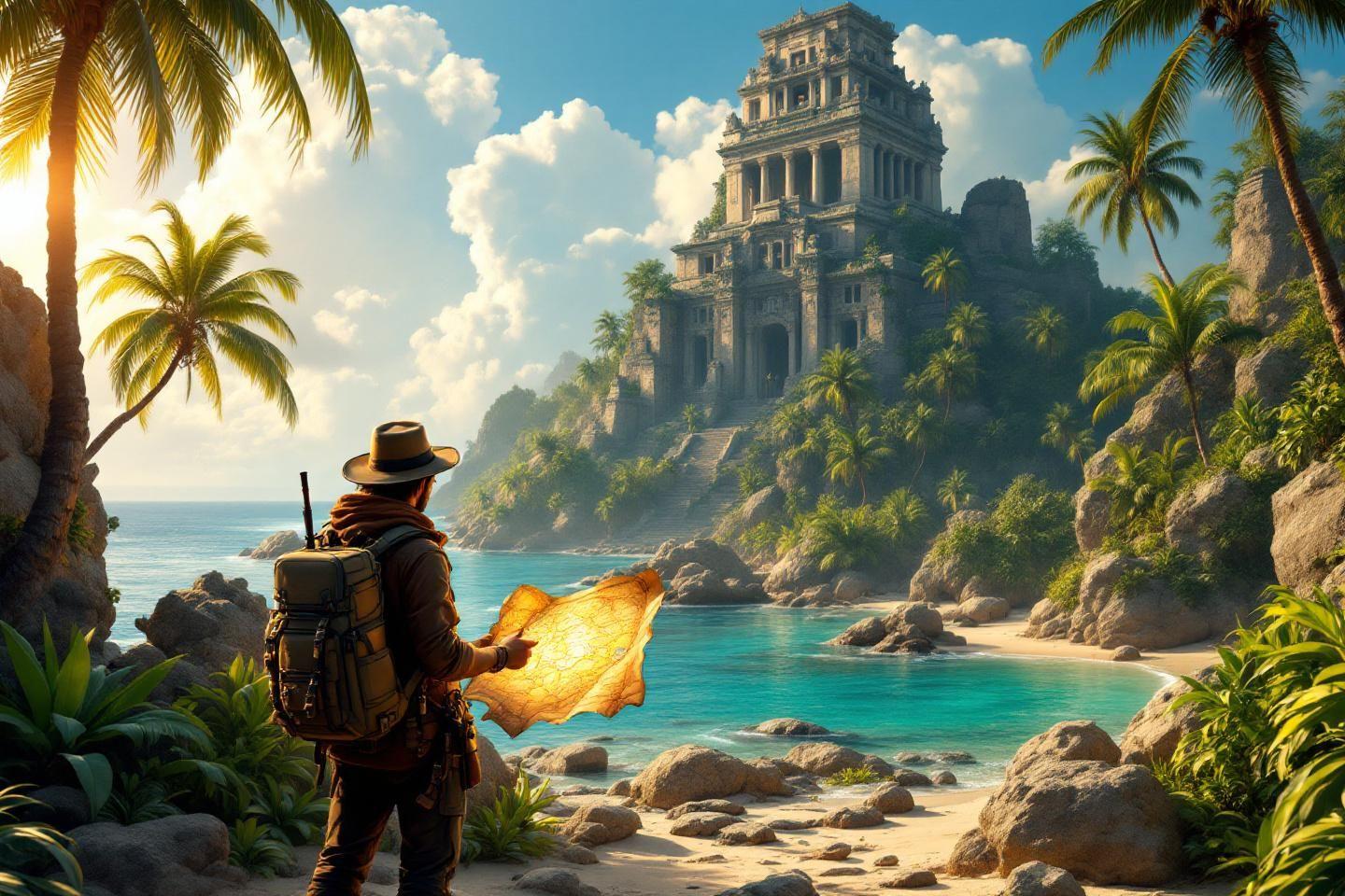 Aventurier avec carte face à un temple ancien sur une plage rocheuse