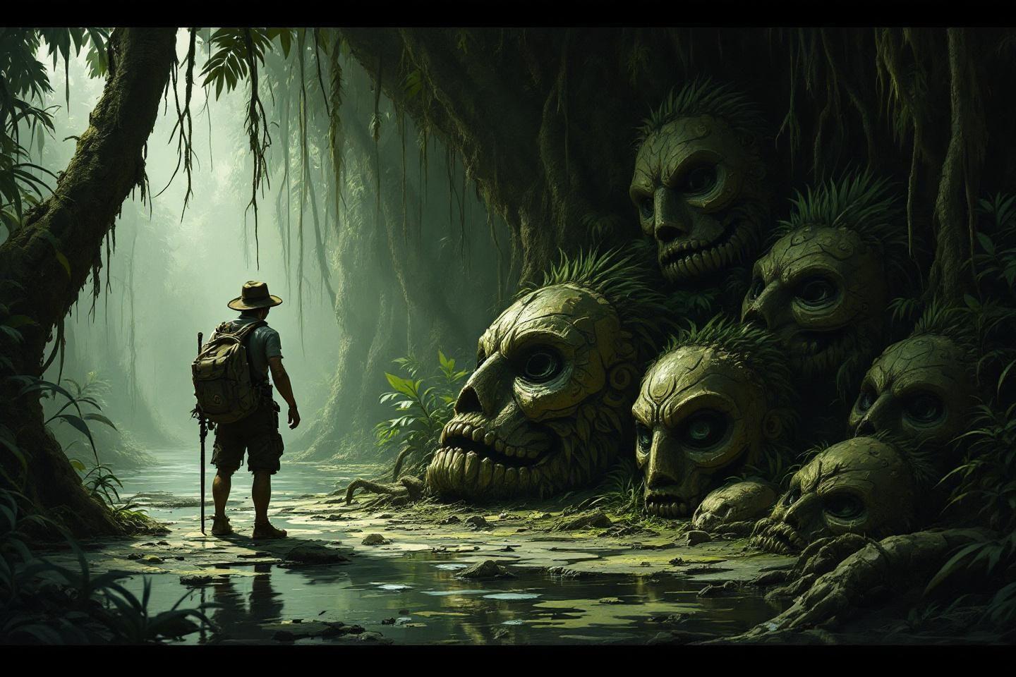 Aventurier solitaire dans une jungle sombre peuplée de crânes géants