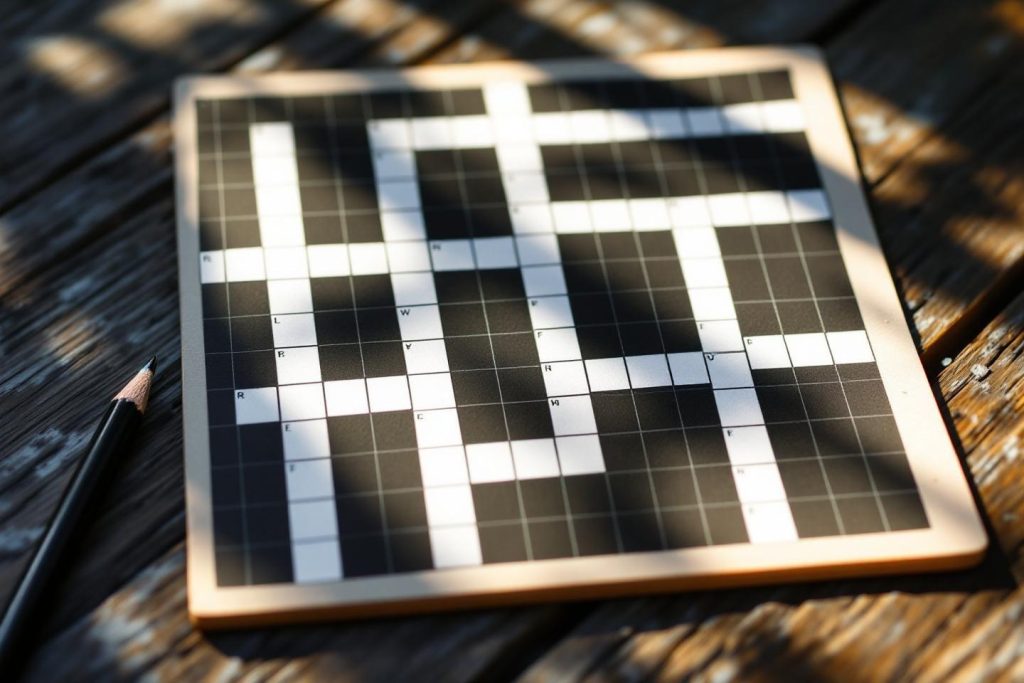 Grille de mots croisés avec un crayon, sur une surface en bois