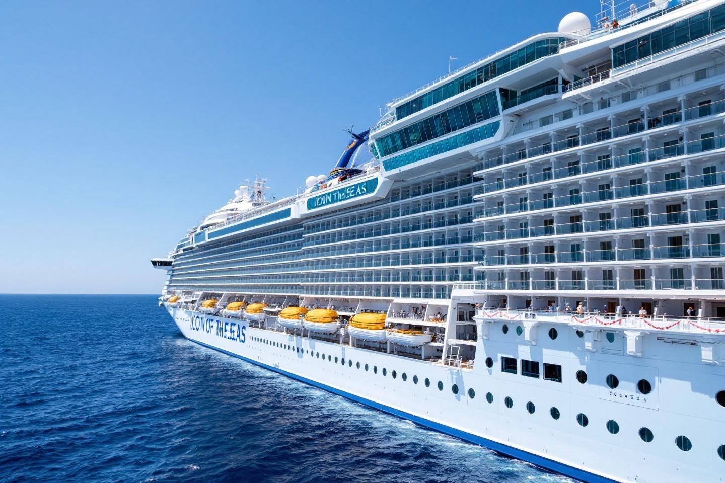 Navire de croisière blanc et bleu avec des ponts et des canots de sauvetage