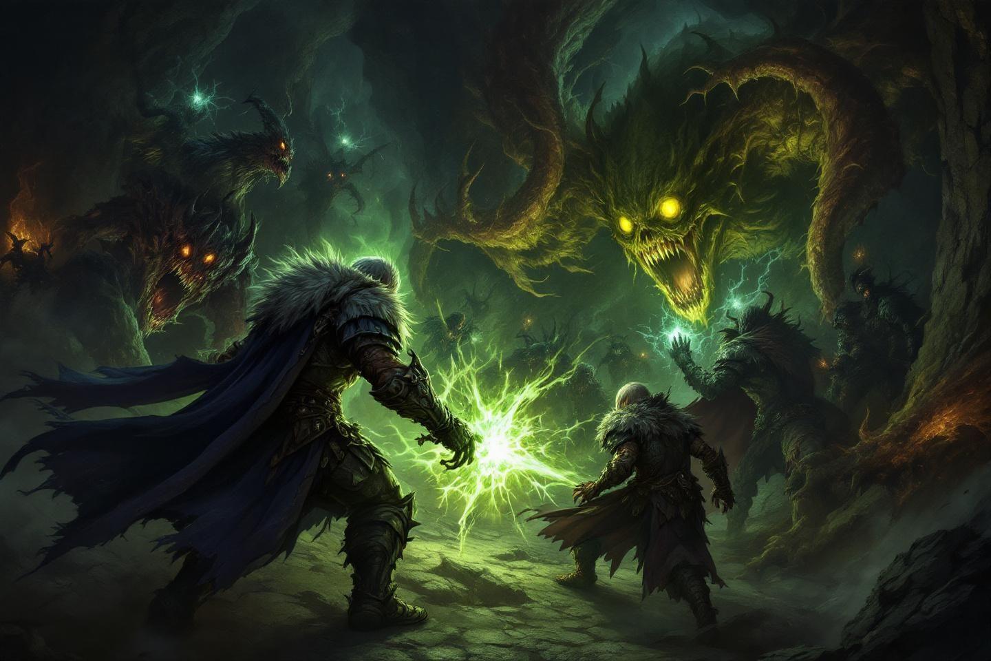 Combat mystique entre guerrier sombre et créatures spectrales verdâtres