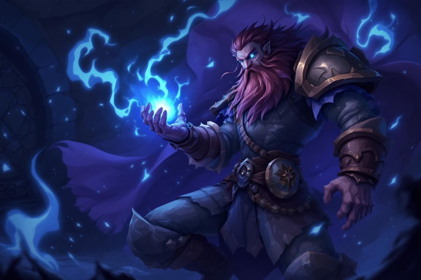 Mage barbu maîtrisant une puissante énergie magique bleue