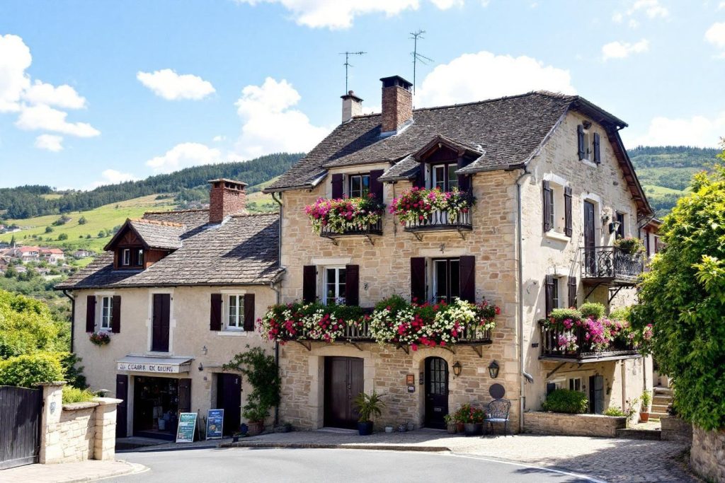 Bâtiment en pierre avec balcons colorés de fleurs dans un village