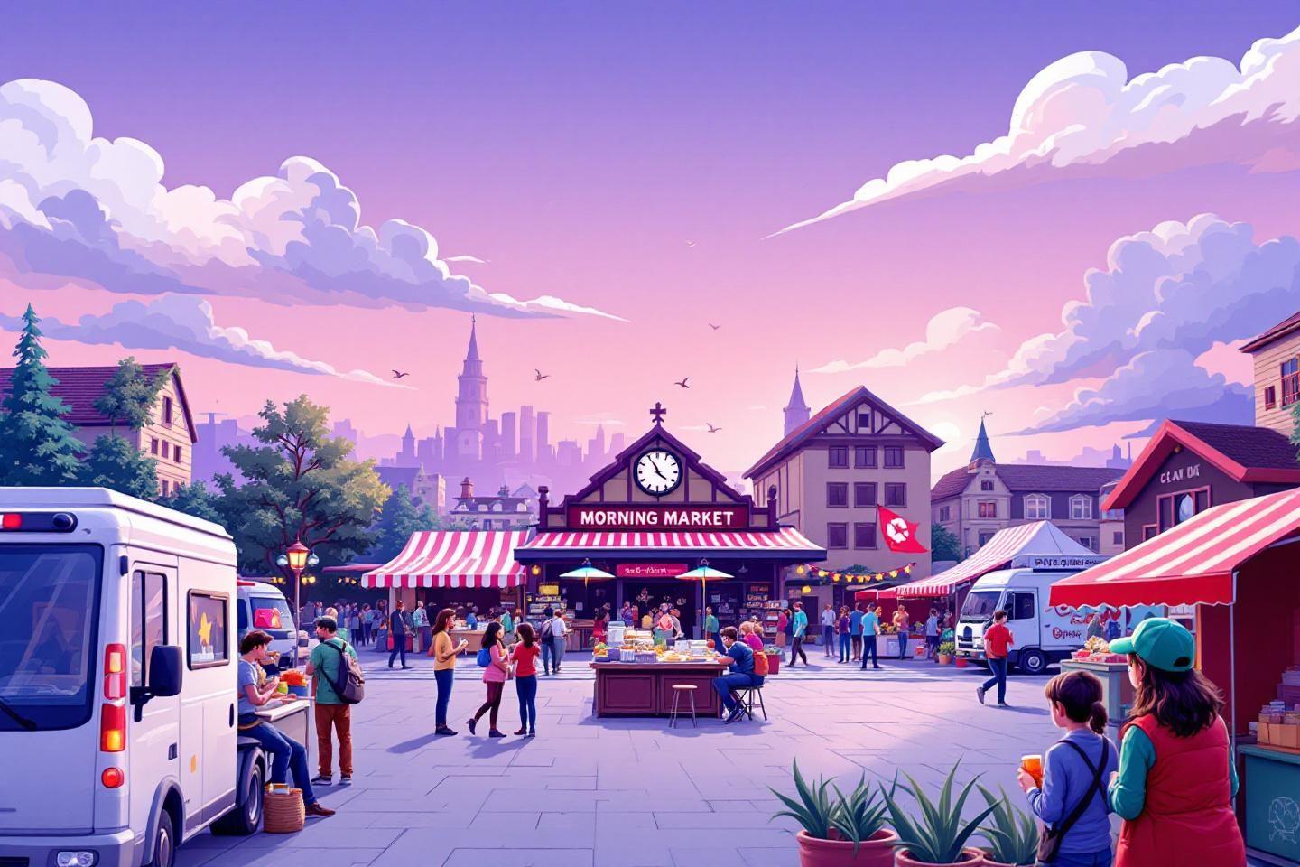 Marché pittoresque avec des stands et des gens sous un ciel rose