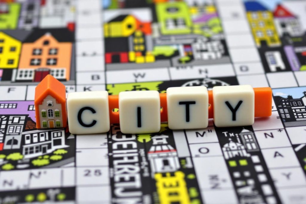 Lettres en cubes formant le mot CITY sur un plateau de jeu coloré