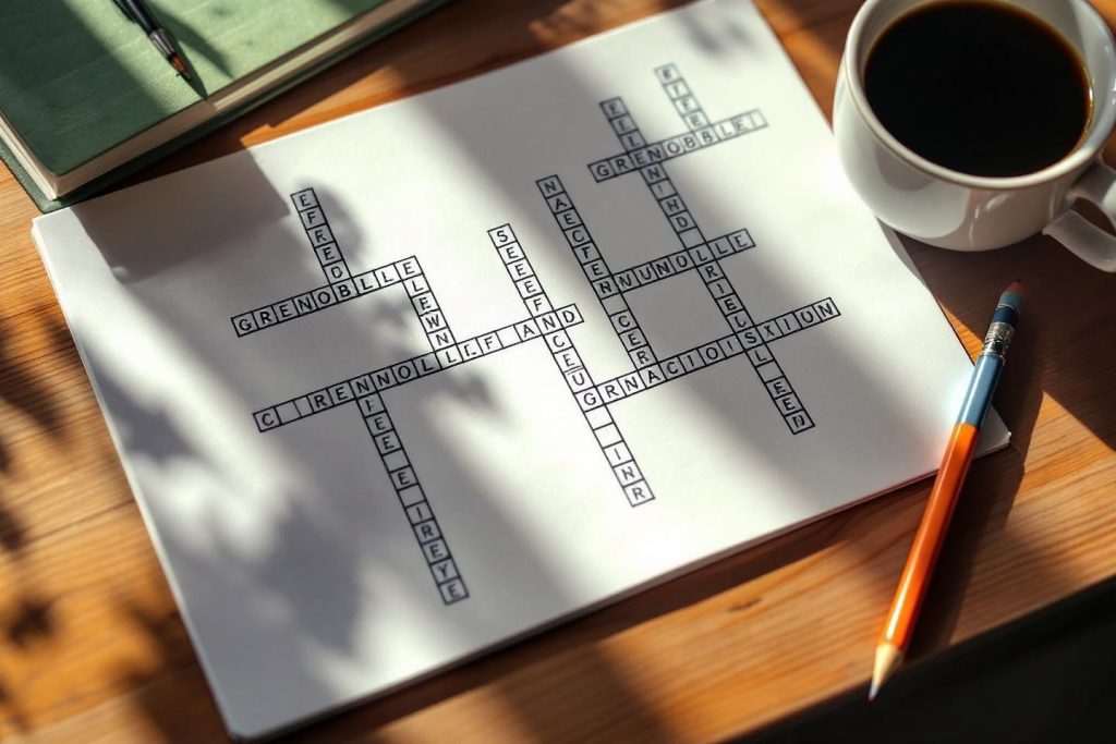 Grille de mots croisés partiellement remplie près d'une tasse de café