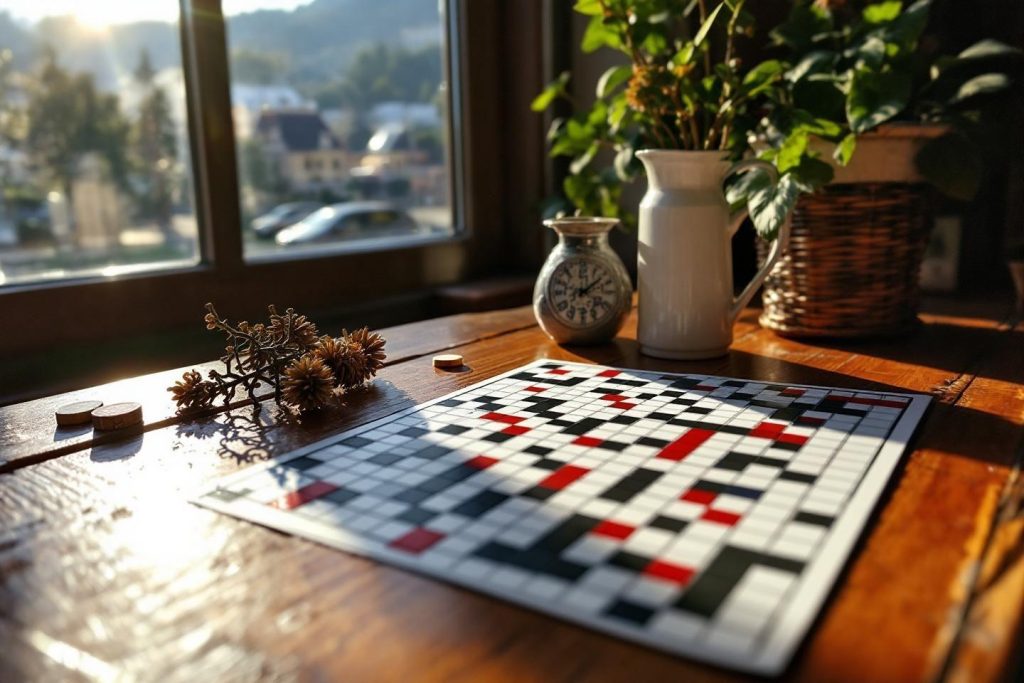 Grille de mots croisés sur une table en bois avec plantes