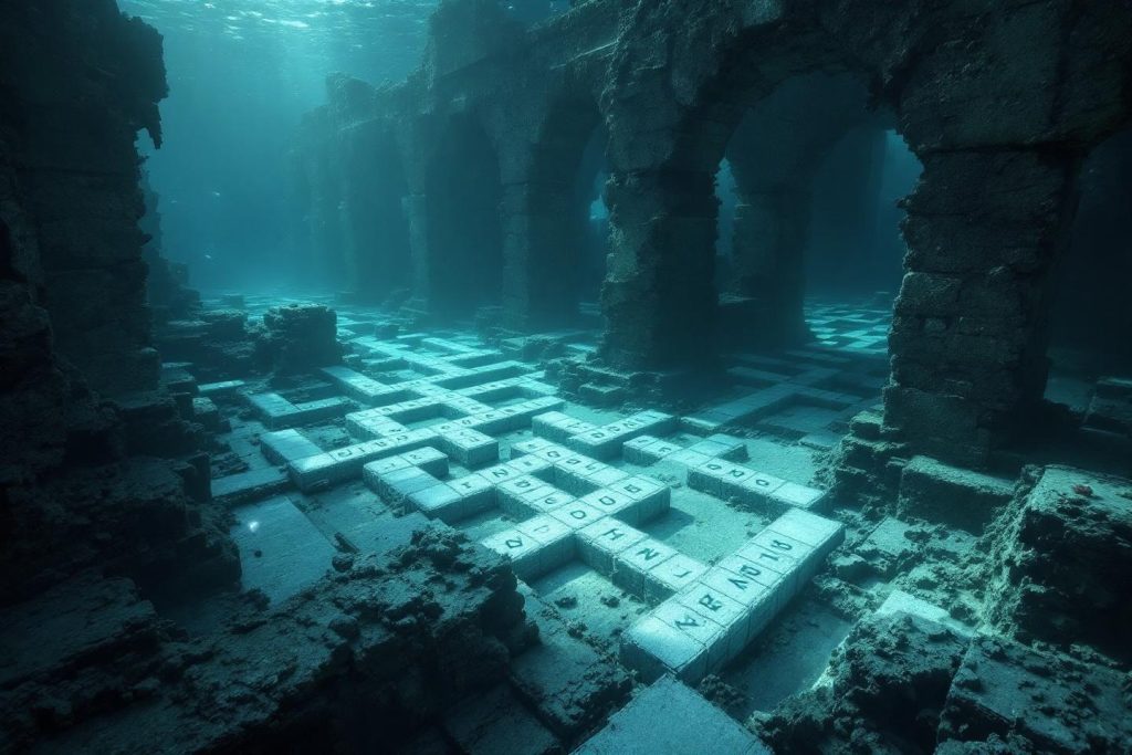 Blocs de lettres formant un labyrinthe sous l'eau, lumière bleue