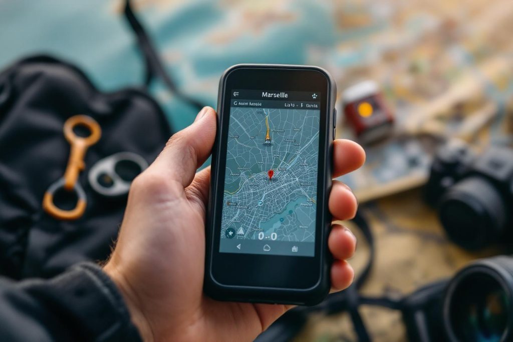 Main tenant un smartphone affichant un plan de Marseille