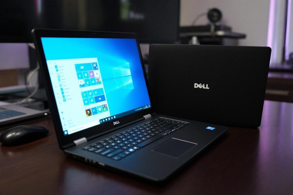 Ordinateur portable Dell noir avec écran Windows allumé